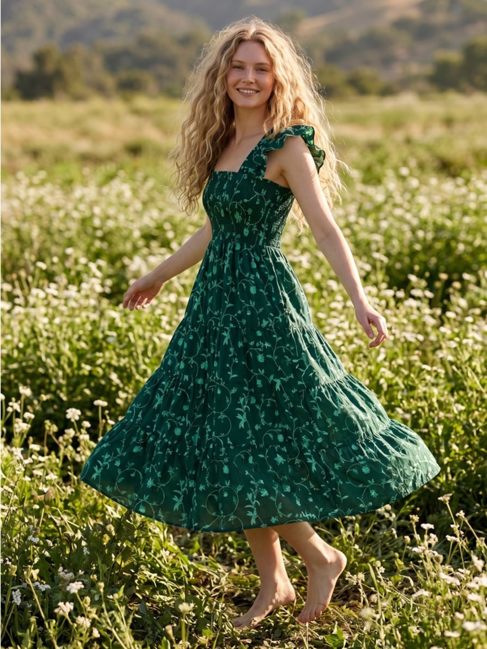 Hill House The Ellie Nap Midi Dress Emerald Green Botanical XS Dainty Holidays